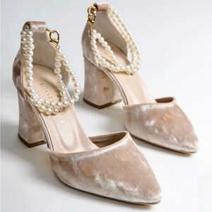 Pearl-Strap Satin Block Heel Pumps in Champagne